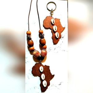 Handcrafted Keychain/Bag Charm & 34" Necklace Set! Cowries Wooden Africa. Unisex